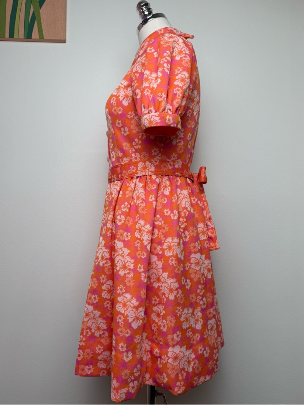 True Vintage Orange Pink White Floral Puff Sleeve Collar Mini Dress Small - Picture 4 of 10